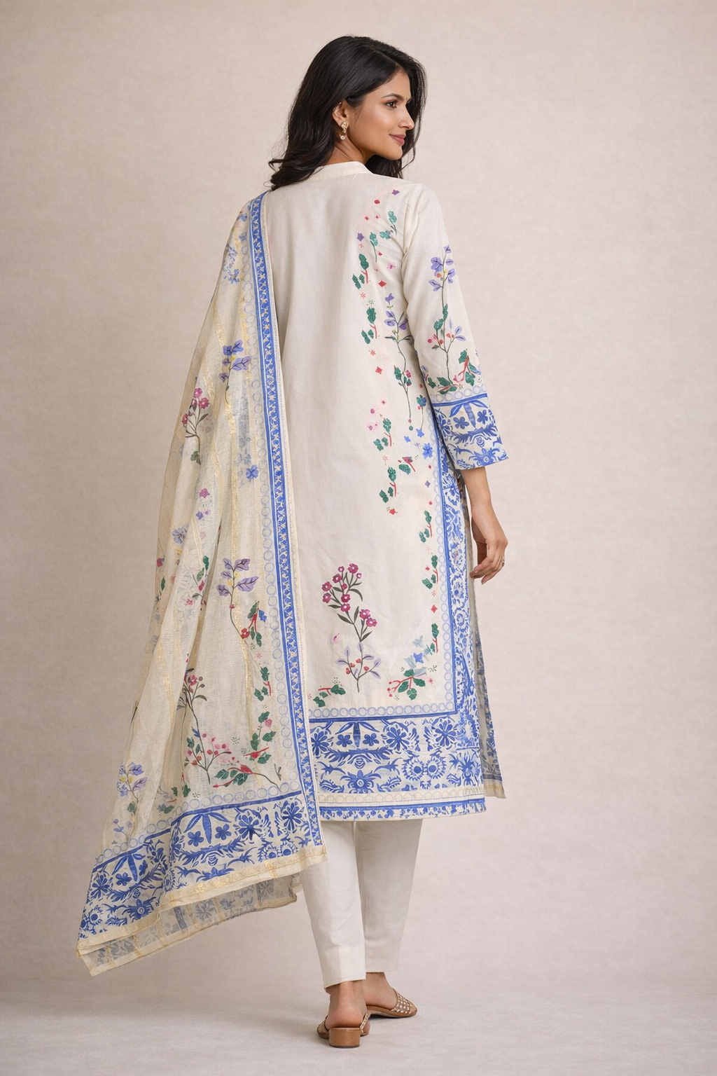 Cotton Lawn 3 Piece Suit with Net Dupatta & Farshi Shalwar