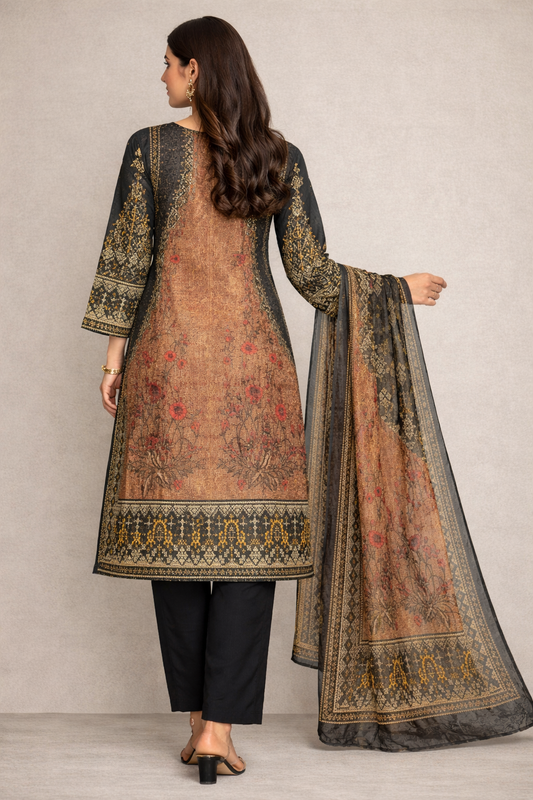 Cotton Lawn 3 Piece Suit with Net Dupatta & Farshi Shalwar
