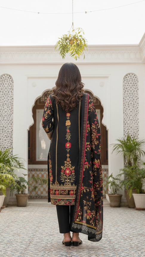 Cotton Lawn 3 Piece Suit with Net Dupatta & Farshi Shalwar