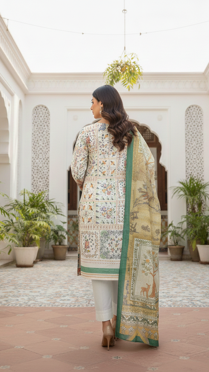 Cotton Lawn 3 Piece Suit with Net Dupatta & Farshi Shalwar