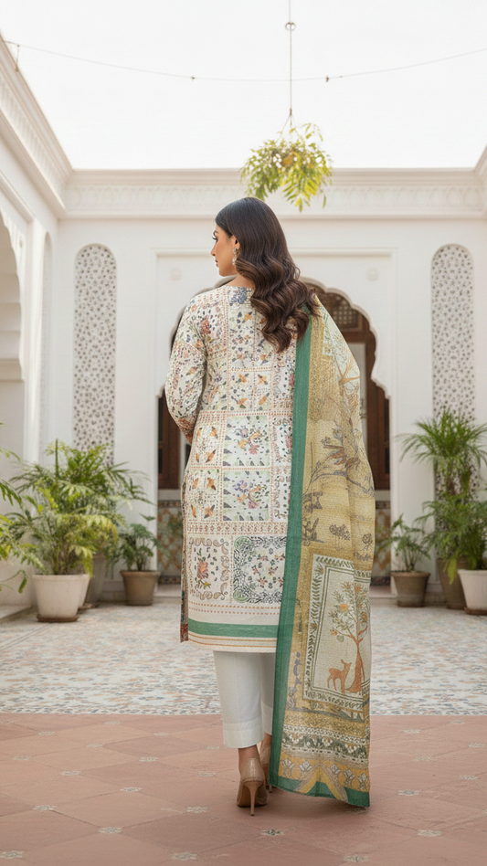 Cotton Lawn 3 Piece Suit with Net Dupatta & Farshi Shalwar