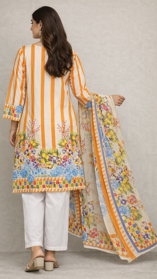 Cotton Lawn 3 Piece Suit with Net Dupatta & Farshi Shalwar