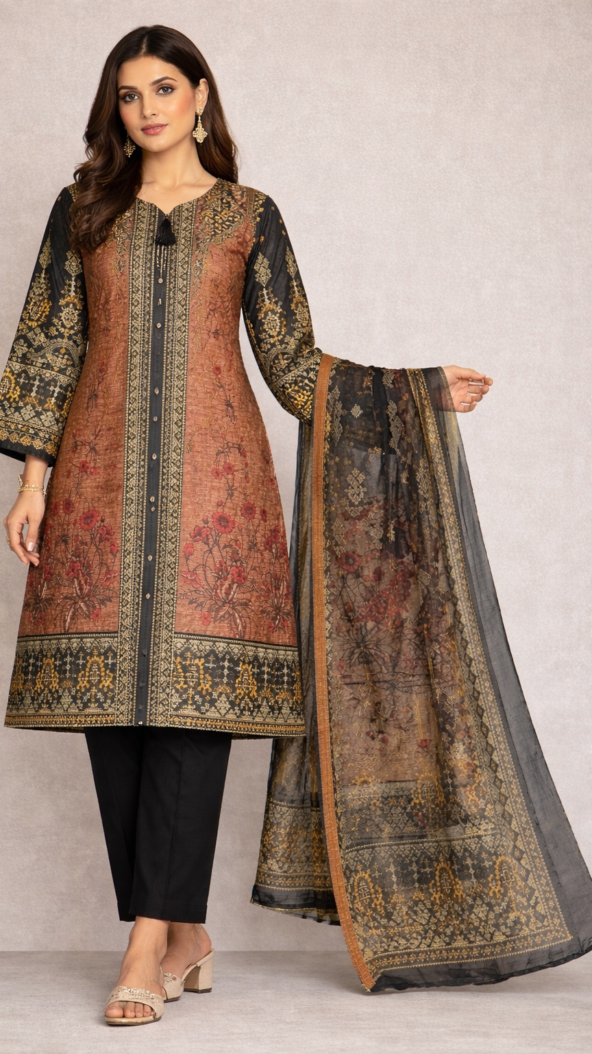 Cotton Lawn 3 Piece Suit with Net Dupatta &amp; Farshi Shalwar