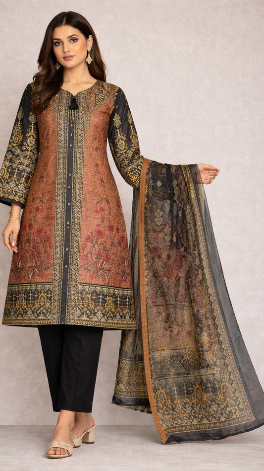 Cotton Lawn 3 Piece Suit with Net Dupatta &amp; Farshi Shalwar
