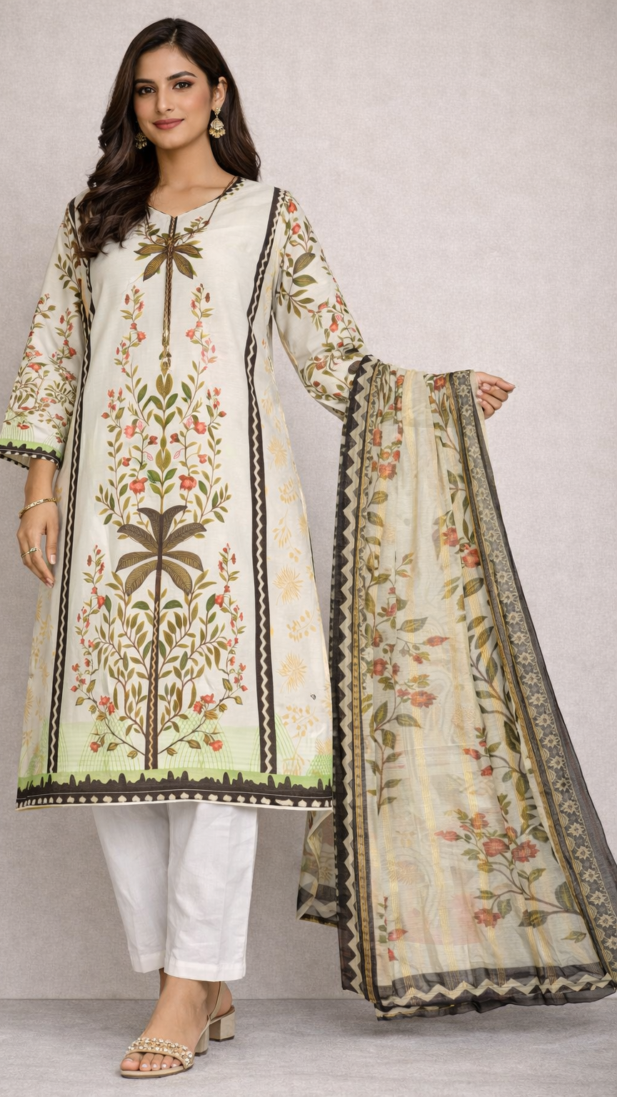 Cotton Lawn 3 Piece Suit with Net Dupatta & Farshi Shalwar