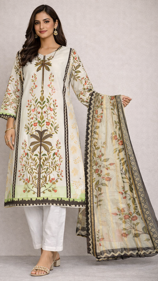 Cotton Lawn 3 Piece Suit with Net Dupatta & Farshi Shalwar