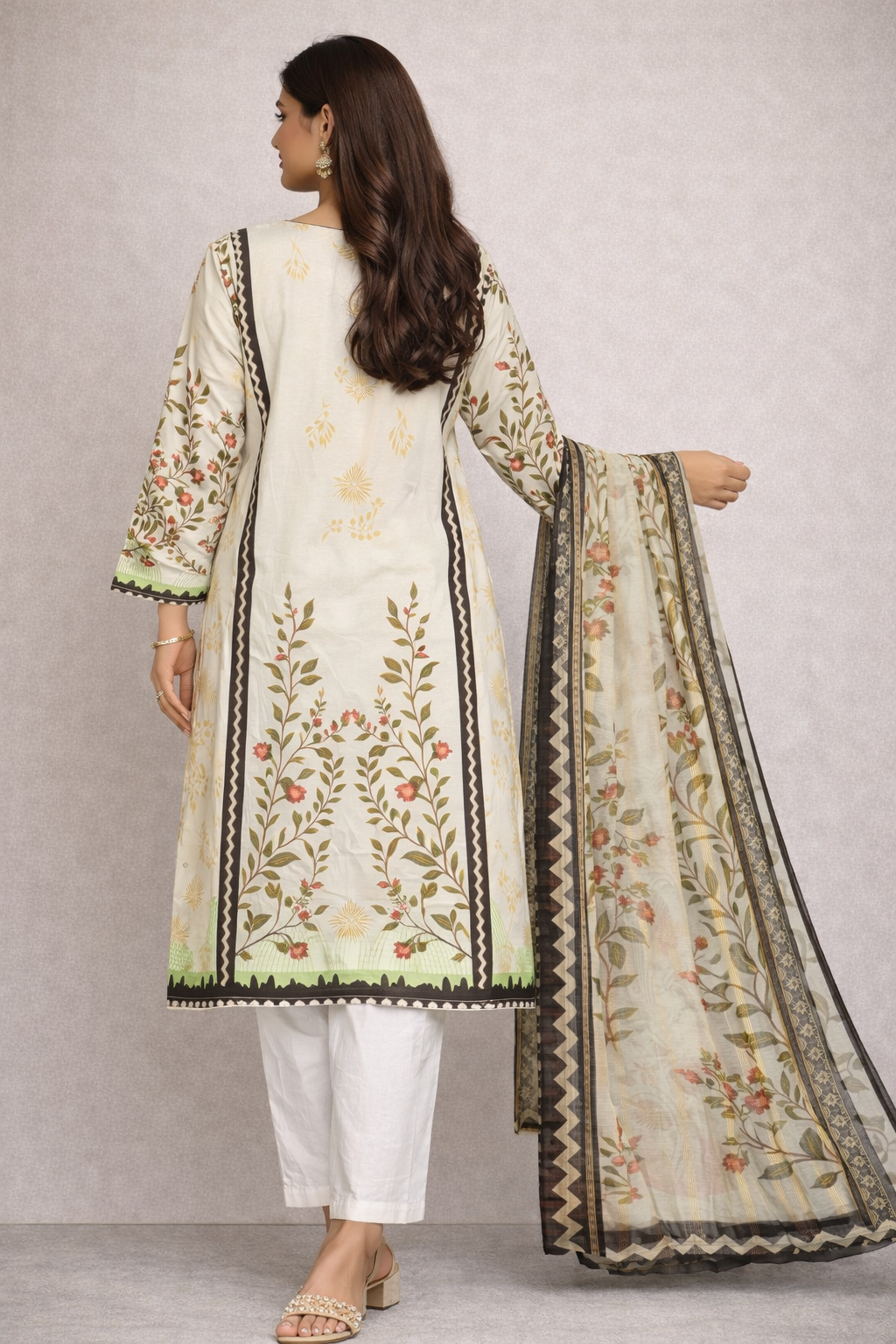 Cotton Lawn 3 Piece Suit with Net Dupatta & Farshi Shalwar