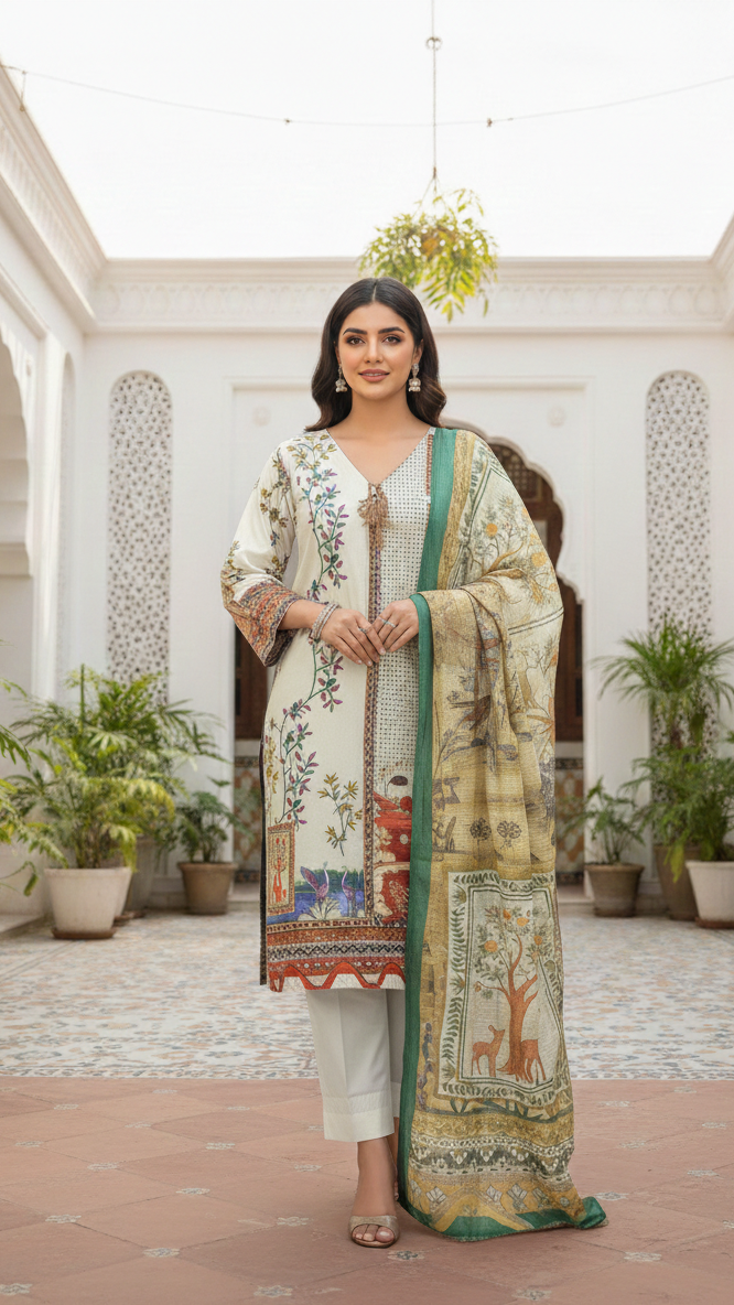 Cotton Lawn 3 Piece Suit with Net Dupatta & Farshi Shalwar