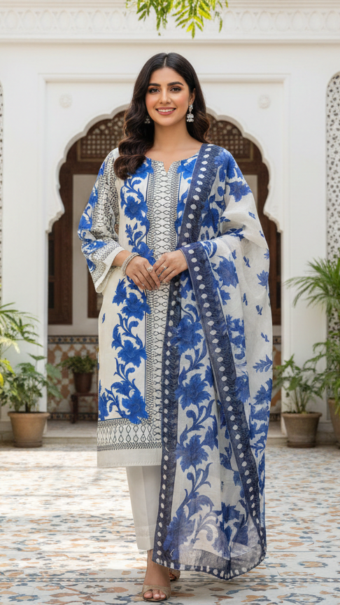 Cotton Lawn 3 Piece Suit with Net Dupatta & Farshi Shalwar