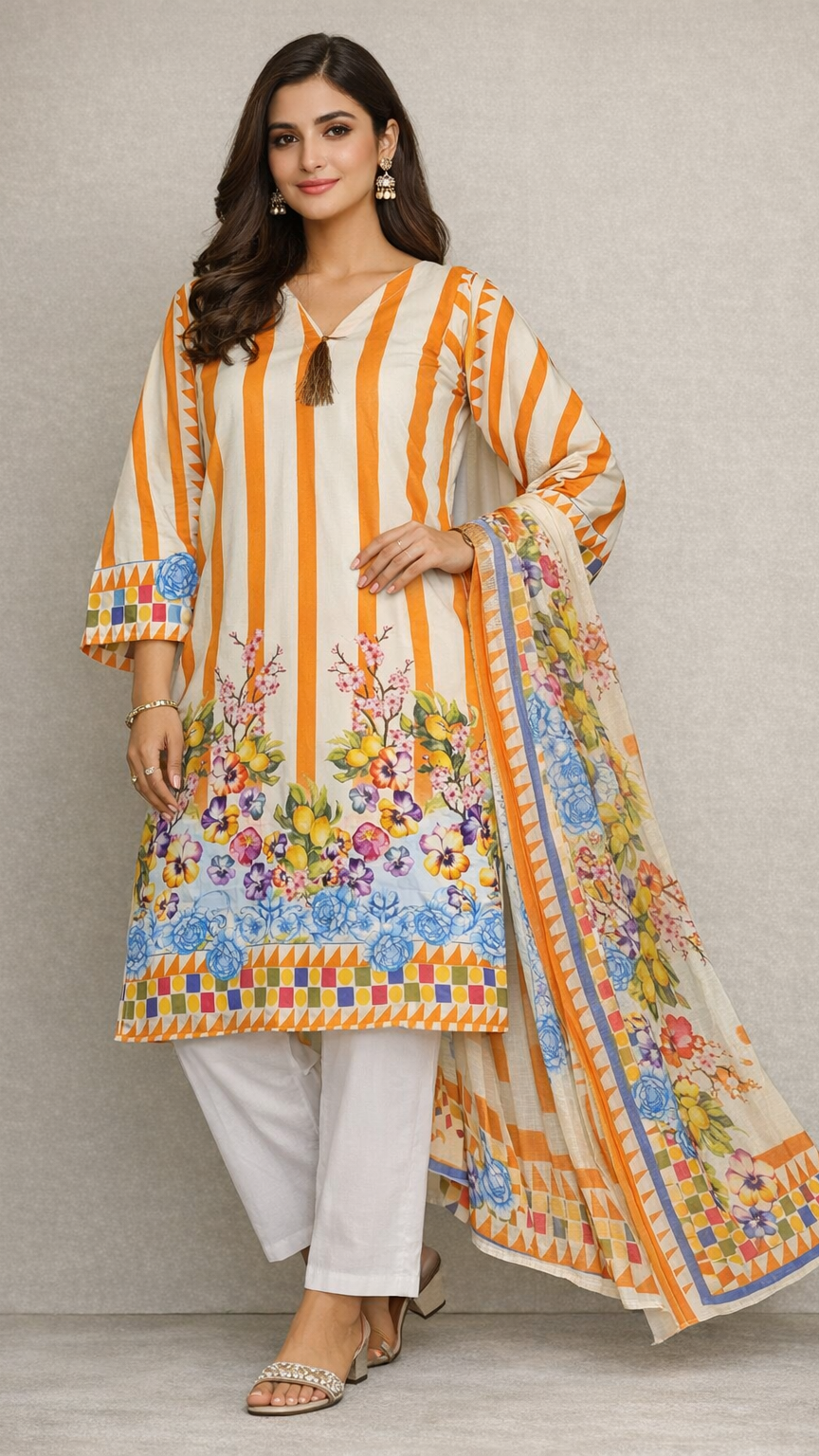 Cotton Lawn 3 Piece Suit with Net Dupatta & Farshi Shalwar