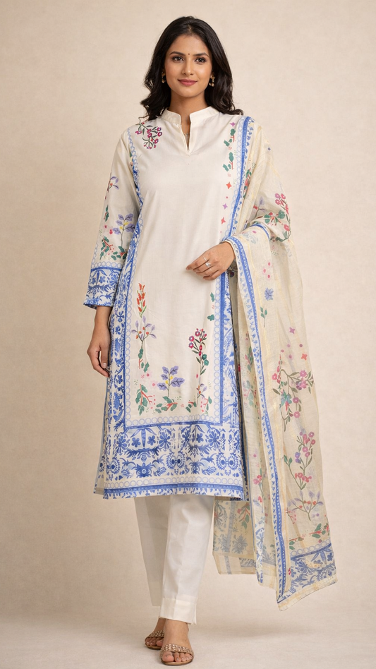 Cotton Lawn 3 Piece Suit with Net Dupatta & Farshi Shalwar