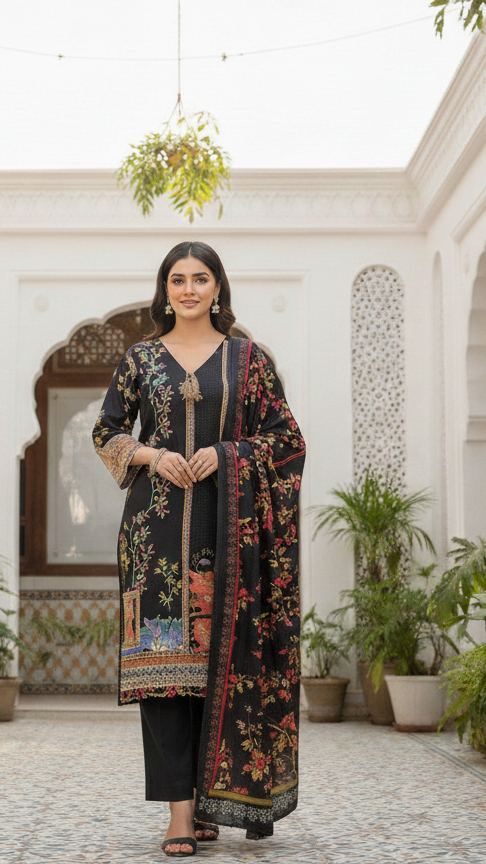 Cotton Lawn 3 Piece Suit with Net Dupatta &amp; Farshi Shalwar