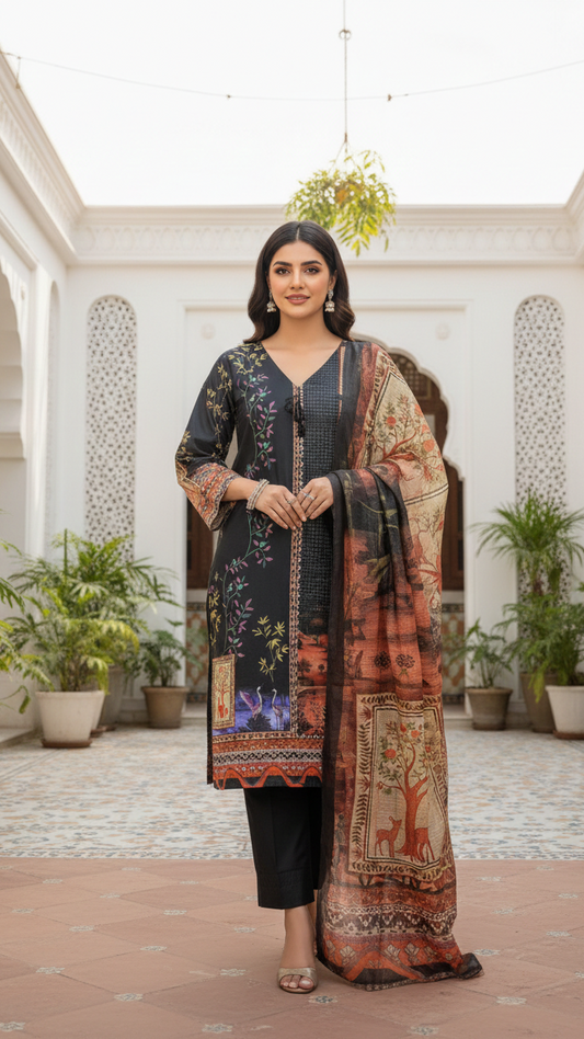 Cotton Lawn 3 Piece Suit with Net Dupatta & Farshi Shalwar